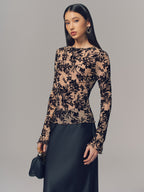 Flocked Sheer Mesh Long Sleeve Top