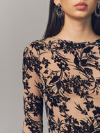 Flocked Sheer Mesh Long Sleeve Top