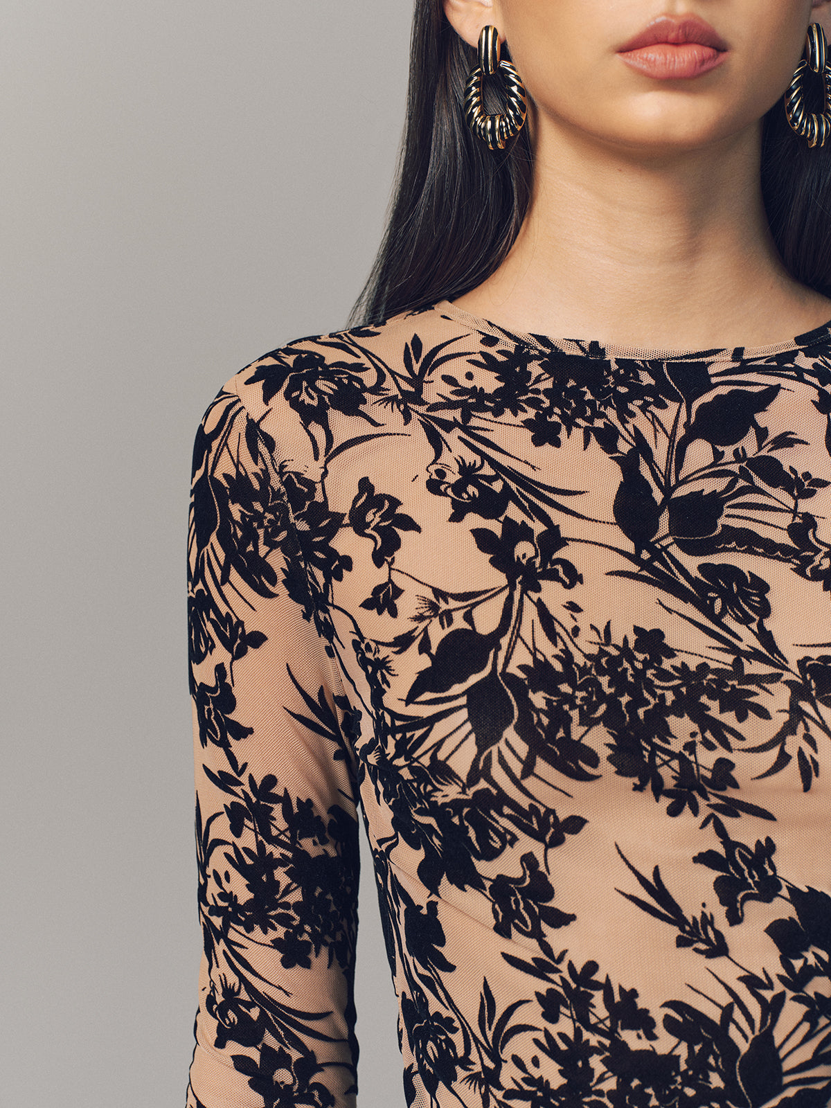 Flocked Sheer Mesh Long Sleeve Top