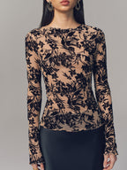 Flocked Sheer Mesh Long Sleeve Top