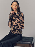 Flocked Sheer Mesh Long Sleeve Top