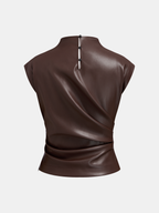Mock Neck Ruched Cap-Sleeve Faux Leather Top