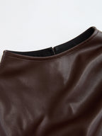 Mock Neck Ruched Cap-Sleeve Faux Leather Top