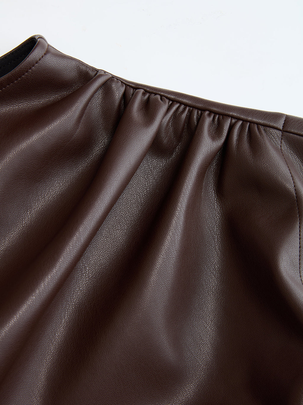 Mock Neck Ruched Cap-Sleeve Faux Leather Top