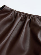 Mock Neck Ruched Cap-Sleeve Faux Leather Top