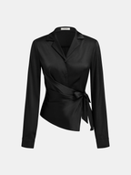 Long Sleeve Lapel Wrap Oversized Satin Shirt