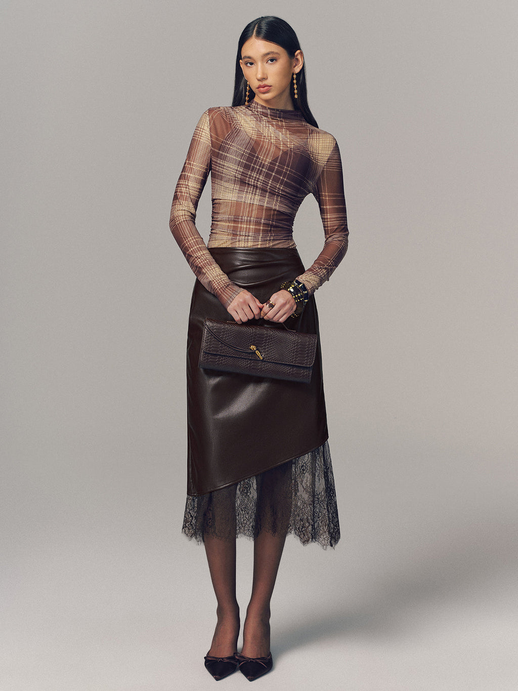 Semi-Sheer Plaid Mesh Top
