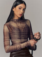 Semi-Sheer Plaid Mesh Top