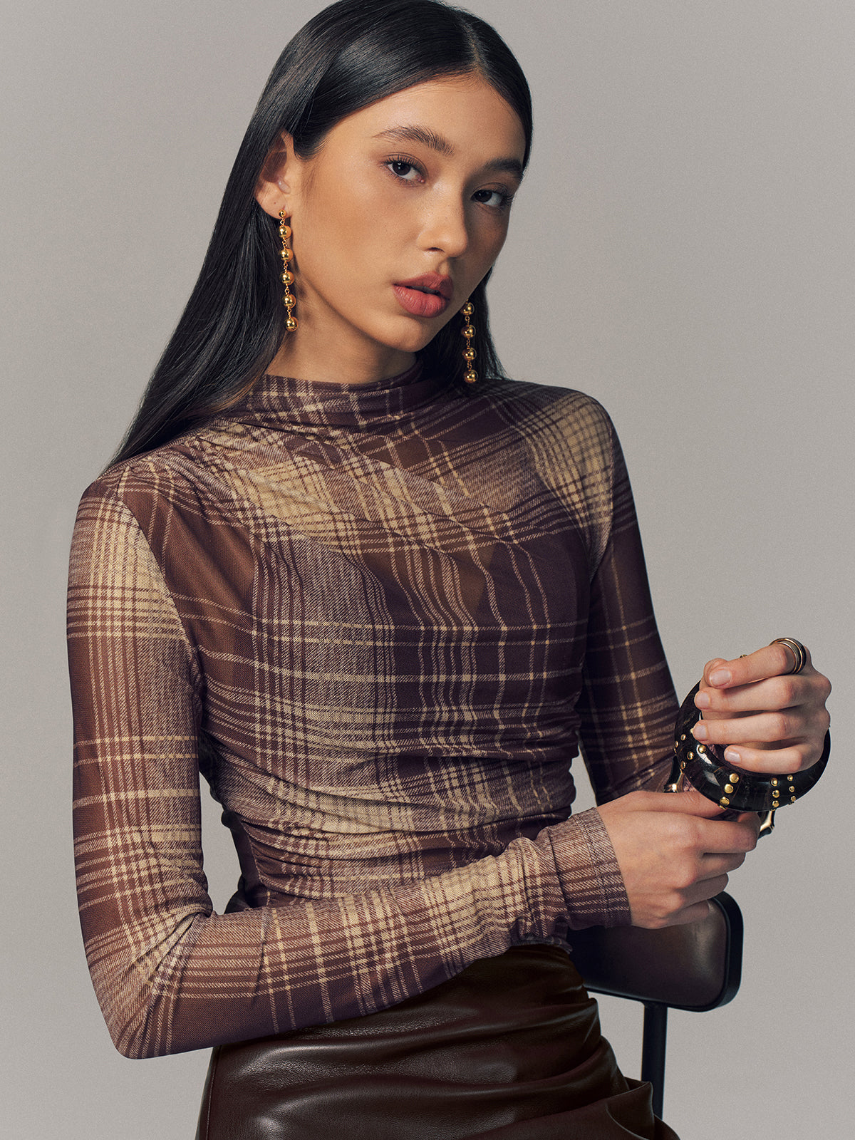 Semi-Sheer Plaid Mesh Top