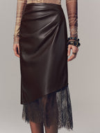 Lace Hem Faux Leather Ruched Midi Skirt