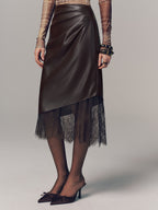 Lace Hem Faux Leather Ruched Midi Skirt