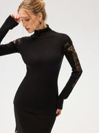 Lace Panel Turtleneck Ribbed Knit Top