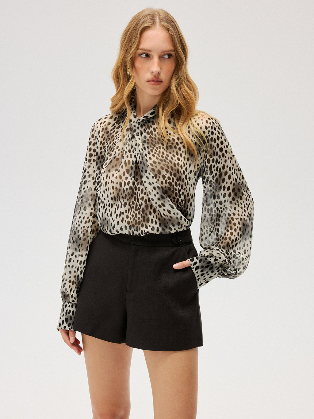 Semi-Sheer Chiffon Leopard Print Tie Neck Shirt