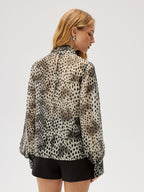 Semi-Sheer Chiffon Leopard Print Tie Neck Shirt
