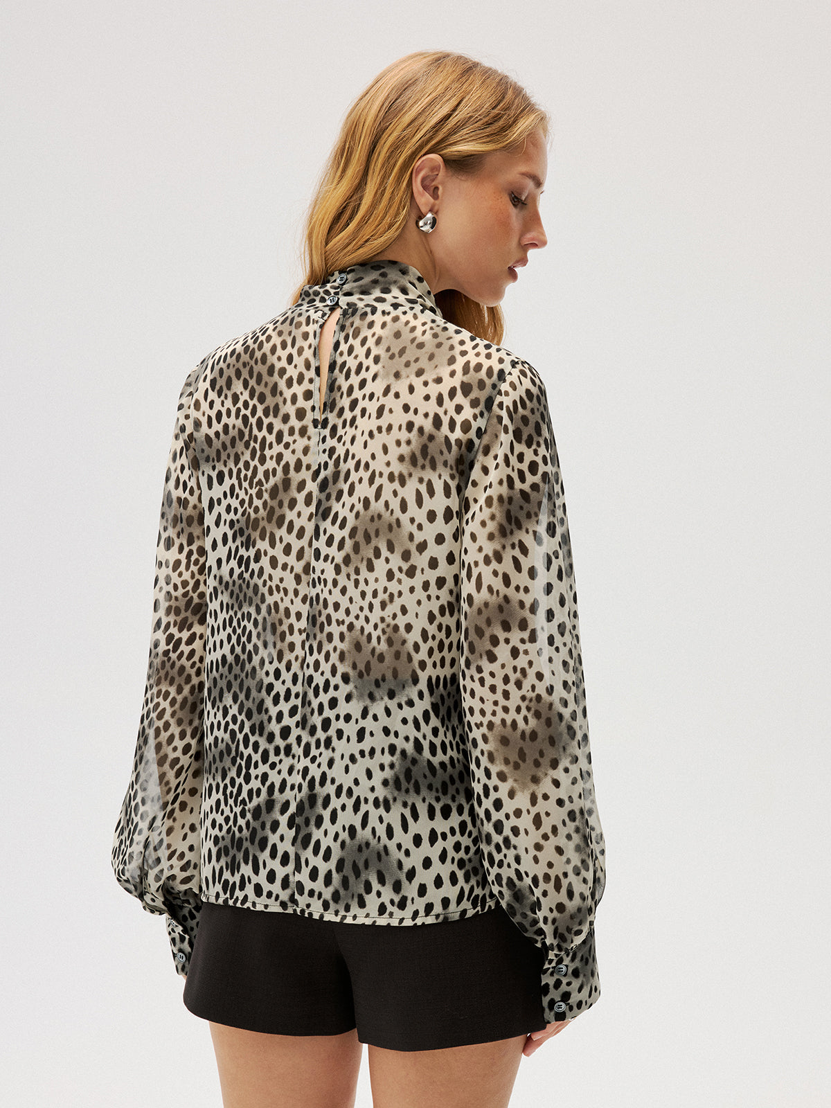 Semi-Sheer Chiffon Leopard Print Tie Neck Shirt