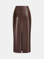Back Slit Faux Leather Midi Pencil Skirt