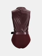 Belted Ruched Sleeveless Faux Leather Bodysuit