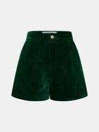 Velvet Metal-Button Mid-Waist Shorts