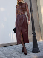 Woven-Texture Faux Leather Slit Maxi Skirt