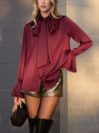 Satin Tie-Neck Bell-Cuff Blouse