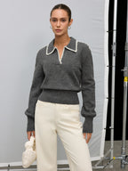 Contrast Embroidered Trim Polo Sweater