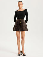 Velvet Mid-Waist Button-Front Shorts