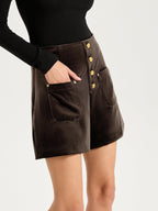 Velvet Mid-Waist Button-Front Shorts