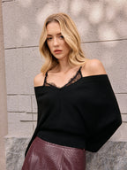 Wool-Blend Lace Panel Batwing-Sleeve Sweater