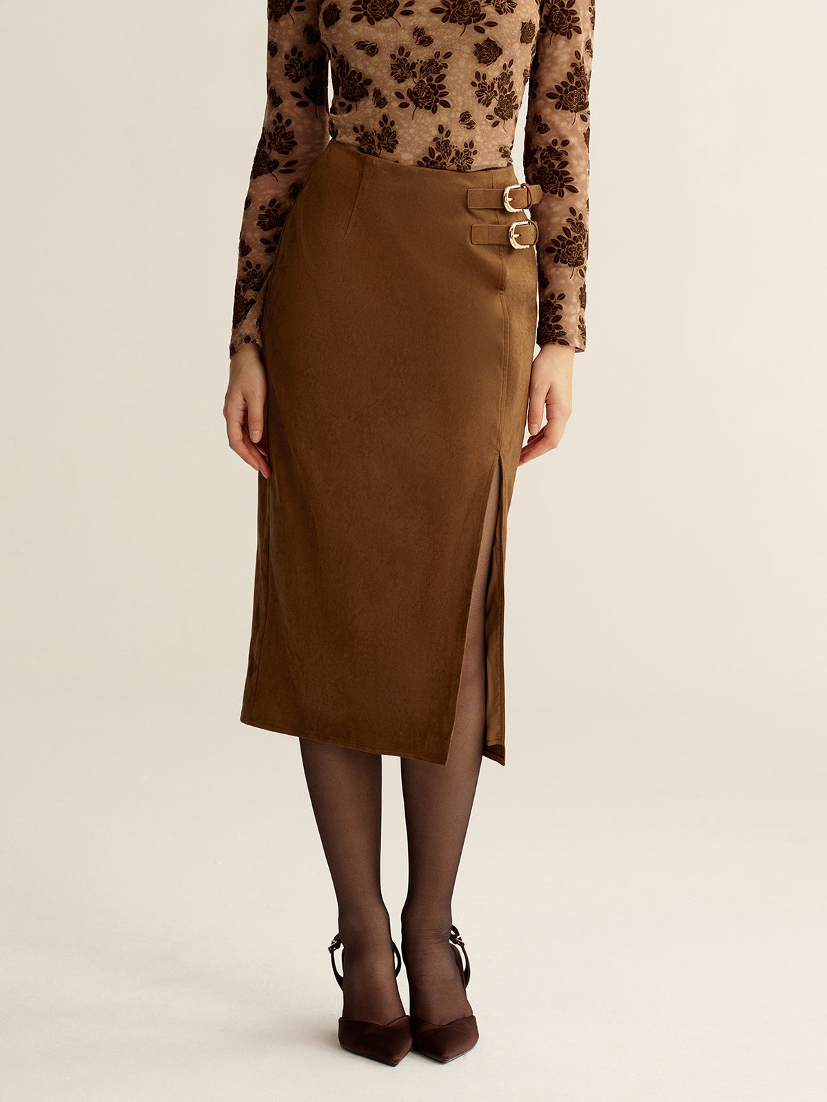Buckle Detail Side Slit Suede Effect Maxi Skirt