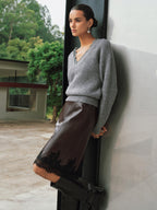 Faux Leather Lace Trim Midi Skirt