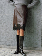 Faux Leather Lace Trim Midi Skirt