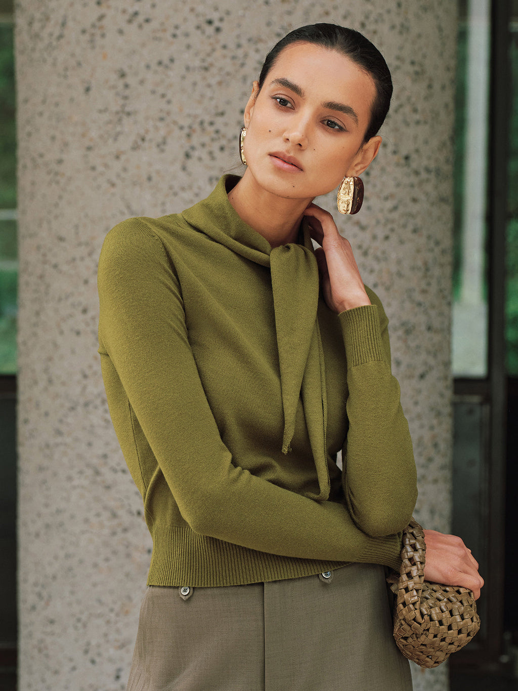 Wool-Blend Tie-Neck Fitted Knit Top