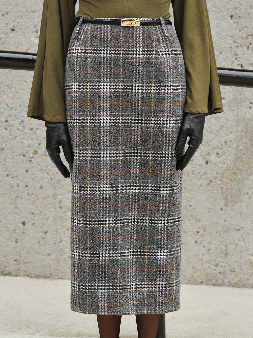 Belted Tweed Plaid Midi Skirt