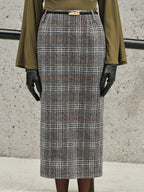 Belted Tweed Plaid Midi Skirt