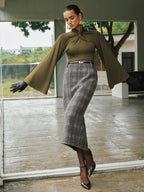 Belted Tweed Plaid Midi Skirt