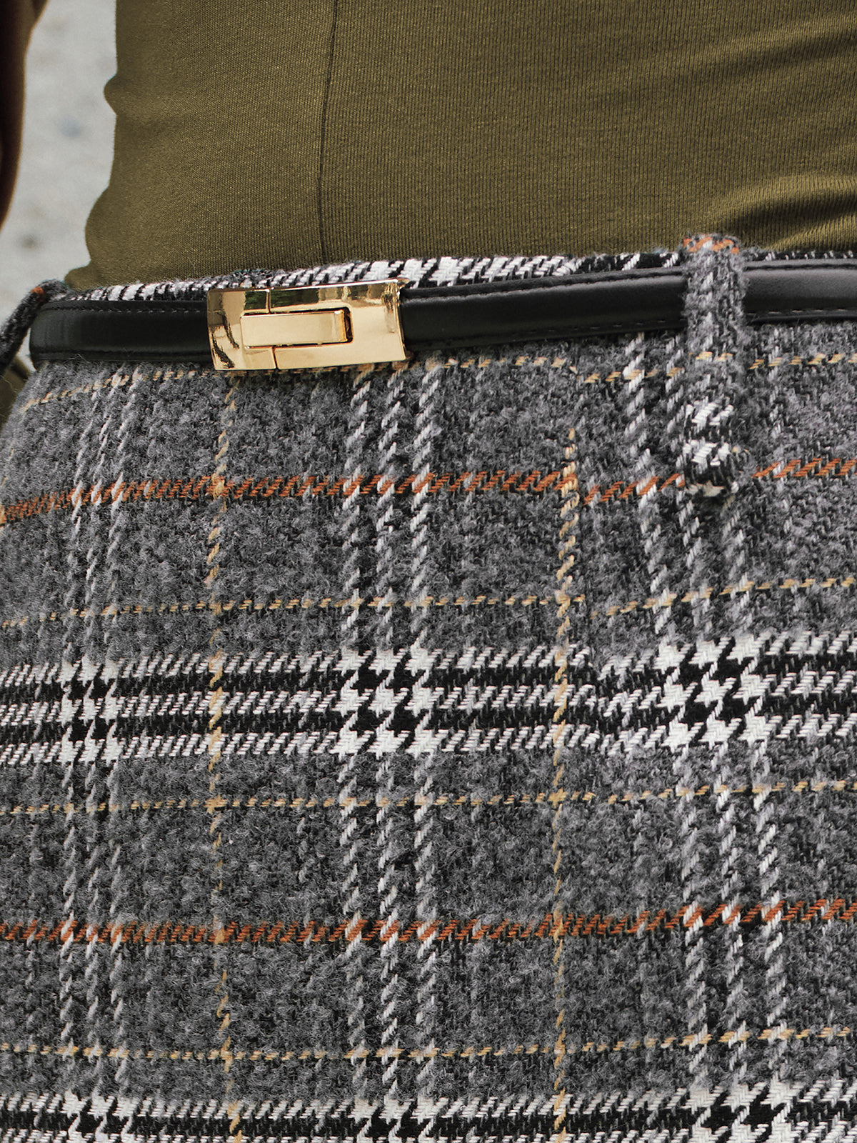 Belted Tweed Plaid Midi Skirt