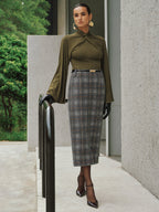 Belted Tweed Plaid Midi Skirt