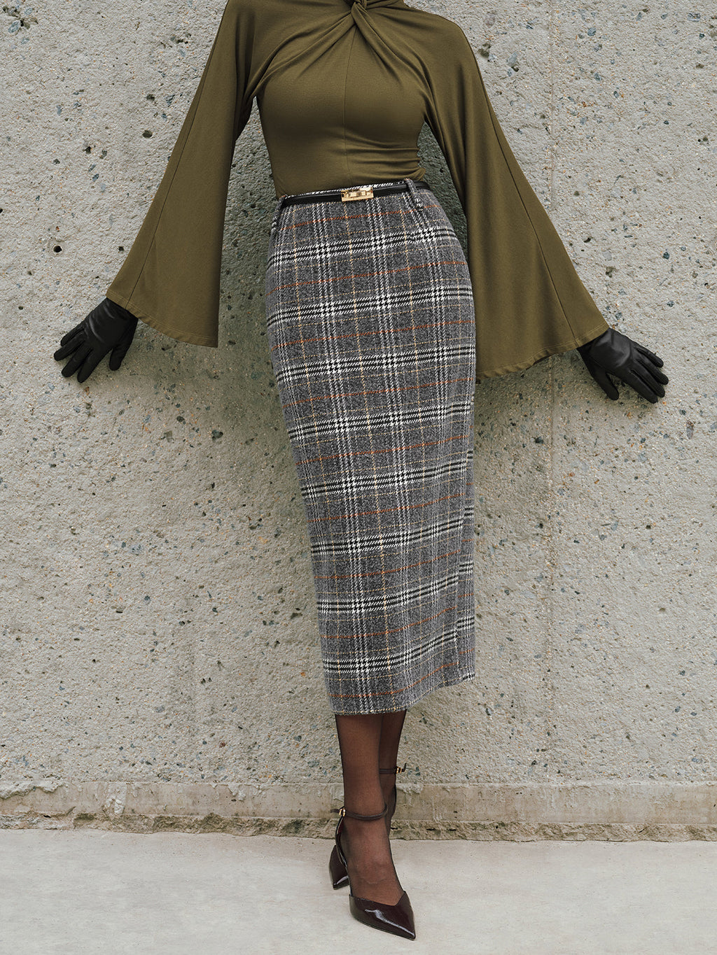 Belted Tweed Plaid Midi Skirt