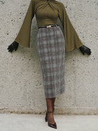 Belted Tweed Plaid Midi Skirt