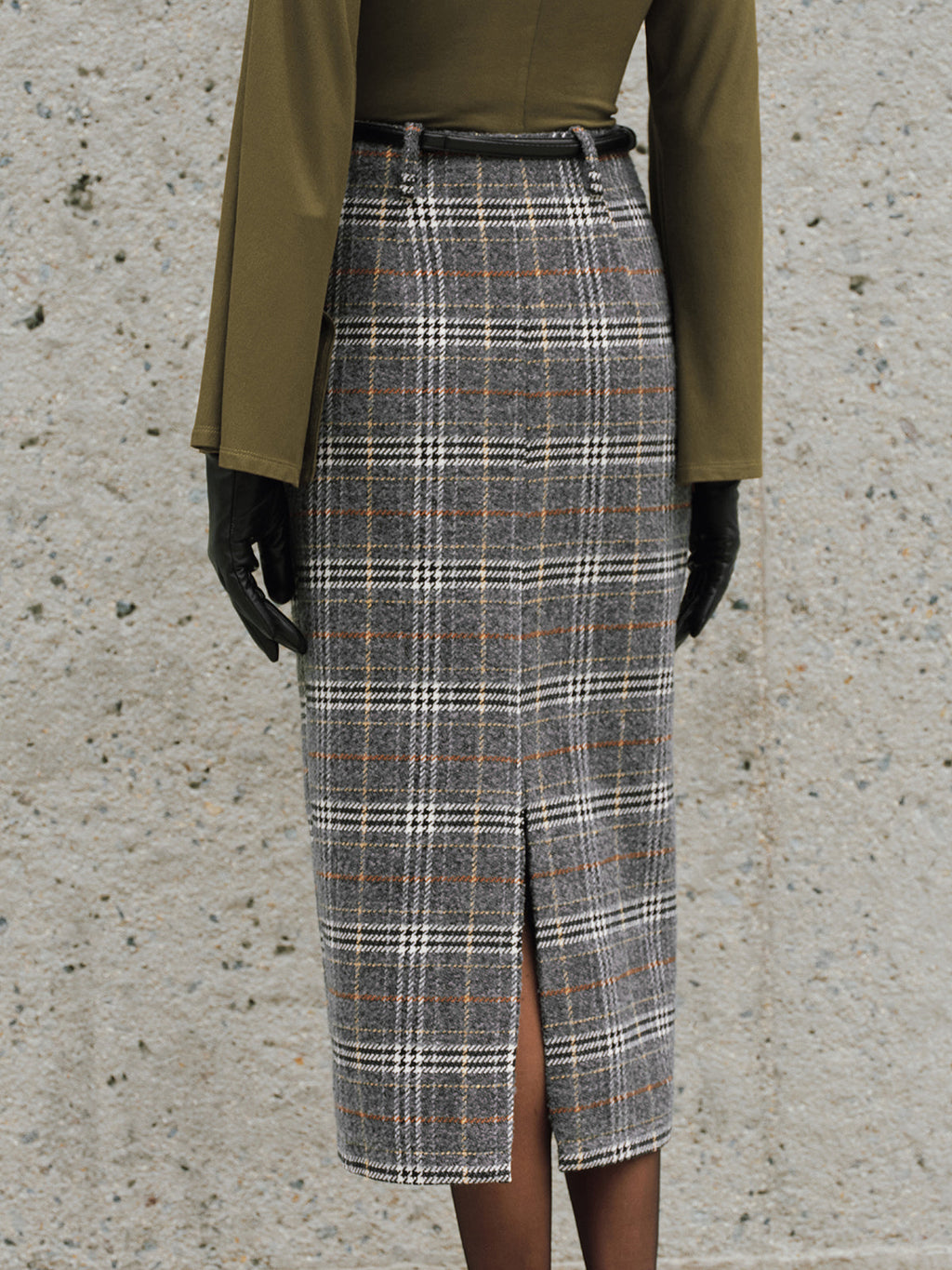 Belted Tweed Plaid Midi Skirt