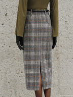 Belted Tweed Plaid Midi Skirt