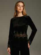 Lace Panel Velvet Long-Sleeve Top