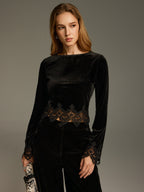 Lace Panel Velvet Long-Sleeve Top