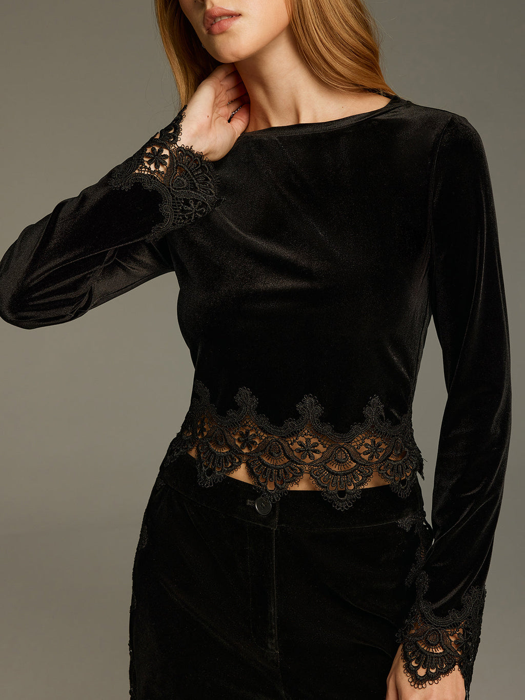 Lace Panel Velvet Long-Sleeve Top