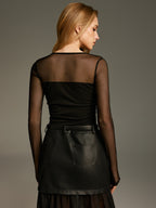 Asymmetric Neck Mesh Long-Sleeve Bodysuit