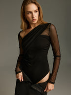 Asymmetric Neck Mesh Long-Sleeve Bodysuit