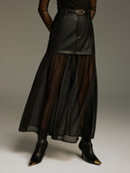 Belted Mesh Hem Faux Leather Maxi Skirt