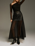 Belted Mesh Hem Faux Leather Maxi Skirt