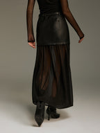 Belted Mesh Hem Faux Leather Maxi Skirt