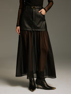 Belted Mesh Hem Faux Leather Maxi Skirt